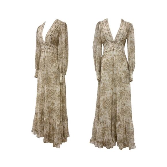 Gunne Sax Vintage 1970's Cottagecore Floral Crochet Boho Maxi Dress - Picture 1 of 14